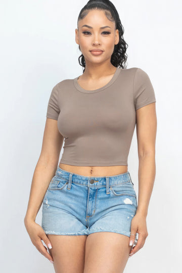 Short Sleeve Roundneck Crop Top-Taupe