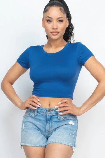 Short Sleeve Roundneck Crop Top- Blue