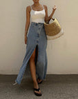 Fashionable High Waist Split Denim Skirt