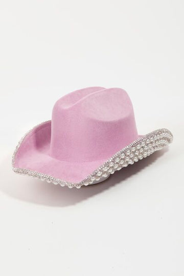 Fame Pave Rhinestone Pearl Trim Cowboy Hat- Pink
