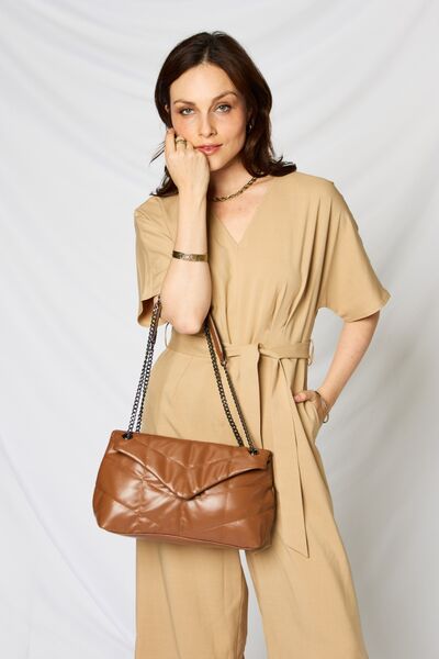 SHOMICO PU Leather Chain Handbag- Tan